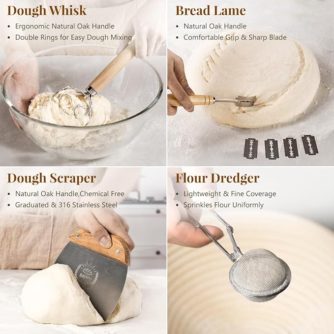 Sourdough Starter Kit, Banneton Bread Proofing Baskets Set, Sourdough Bread Baking Supplies Making Tools with Dough Scraper, Whisk, Bread Lame, Recipe
