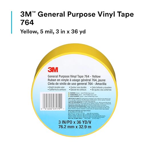 3M Vinyl Tape 764, General Purpose, 3 in x 36 yd, Yellow, 1 Roll, Light Traffic Floor Marking Tape, Social Distancing, Color Coding, Safety, Bundling