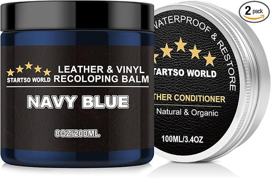 STARTSO WORLD 200Ml Leather Recoloring Balm with 100ML Leather Conditioner, Navy Blue Leather Repair Kit for Furniture, Leather Dye, Leather Scratch Repair, Leather Couch Paint