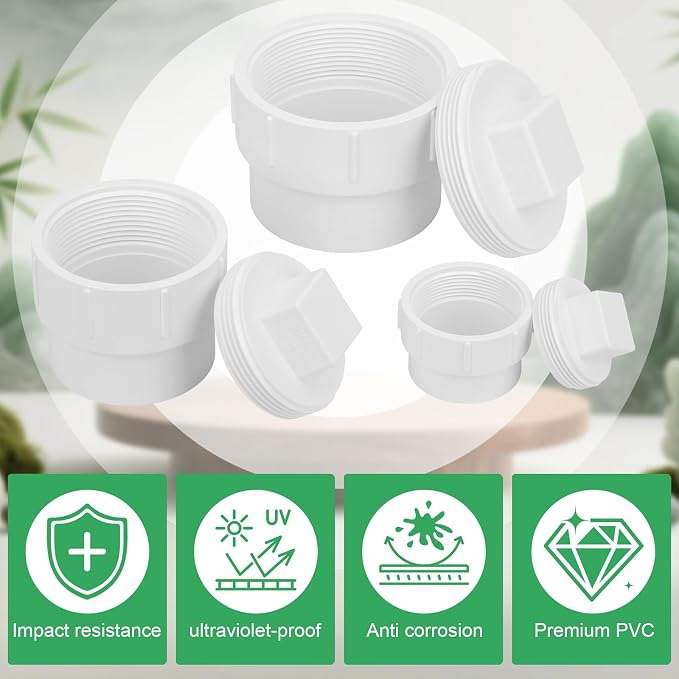 4Pack 2" PVC Sewer Cleanout Adapter with Plug Pipe Fitting SCH40 PVC DWV Flush Female Sewer Cleanout Cap Cover for Drainage Piping System, Outdoor Garden, RV