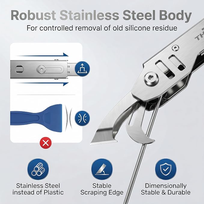 6-in-1 Caulking Tool Kit for Removing Old Caulk and Smoothing New Sealant, Stainless Steel Caulk Remover with 5 Silicone Pads for Bathroom, Kitchen, Window, Sink and Tile