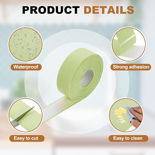 uxcell Caulk Tape Waterproof, 0.83 Inch x 16.4 ft Self-Adhesive Sealant Sealing Strip Caulking Sealant Tape PVC with Tool for Kitchen Sink Toilet Bathroom Bathtub Floor, Green