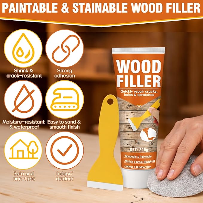 Wood Filler, 7.76 oz Paintable & Sandable Wood Putty –Low Odor, Shrink & Crack Resistant-Quick Repair for Cracks, Holes and Damage-For Indoor & Outdoor Wood Repair(White)