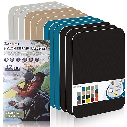 Cahomo 7.9x3.9 inch 12 PCS Nylon Repair Patch Nylon Repair Tape Self Adhesive Fabric Tapes Outdoor Camping Gear Fabric kit for Tent, Umbrella, Down Jackets, Sleeping Bag, Knapsack(Color Set B)