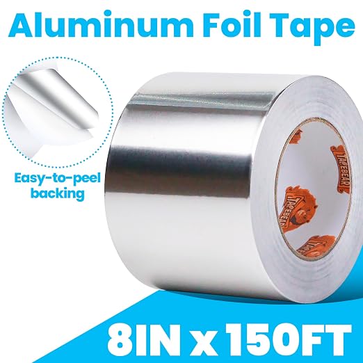 TAPEBEAR Aluminum Foil Tape 8" x 150FT, Heat Reflective Professional Heat Resistant Tape Insulation Heat Shield Silver Metal Tape for Dryer Vent, HVAC, Air Ducts, Metal Repair, AC Vents