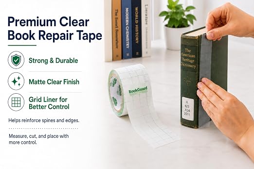 BookGuard 2 Inch Clear Vinyl Book Repair Tape with Grid Liner, 10 yd Roll, Matte Non-Glare Book Binding Tape for Spines, Covers, Pages, Library Book Repair, Schools, Hymnals