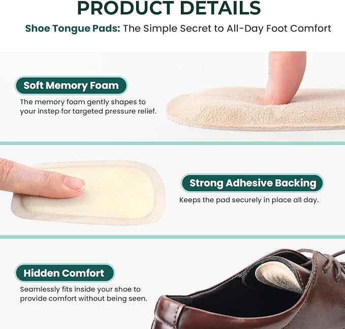 Shoe Tongue Pads for Men & Women - Welnove 2 Pairs Suede Memory Foam Shoe Padding Cushion Soft Self Adhesive Inserts Filler for Boots, Leather Shoes, Dress Shoes, Loafers (Beige, Size S)