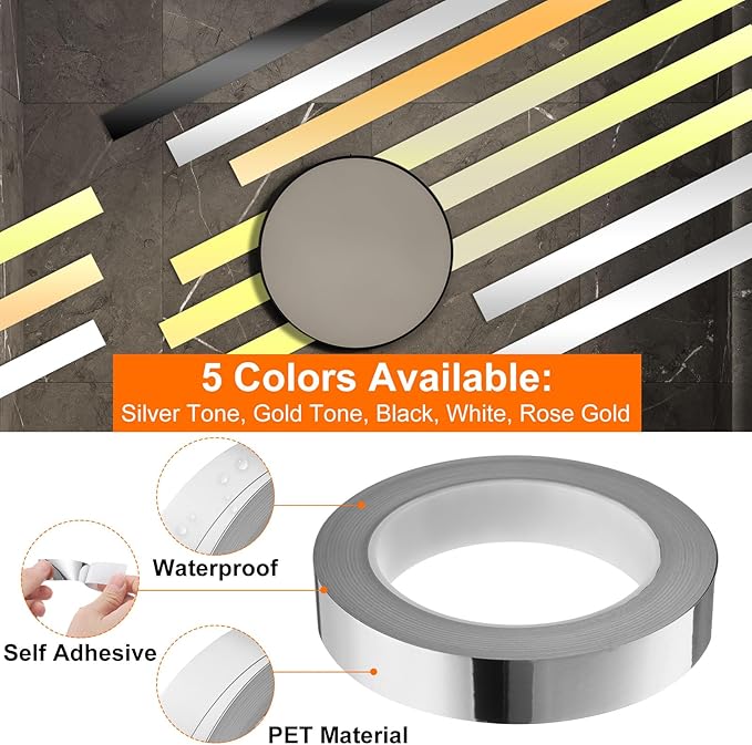 HARFINGTON 2Pcs Floor Tiles Silver Foil Lines Metallic Mirror Tape 0.79" x82 Ft Ft Self Adhesive Decor Floor Wall Seam Sticker Waterproof Gap Sealing Tape for Kitchen Bathroom Cabinet