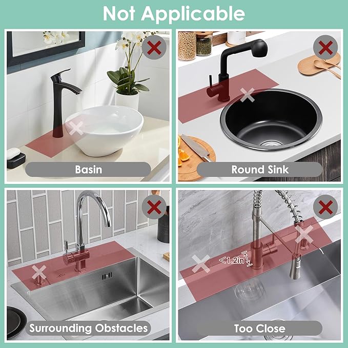 24 Inch Silicone Faucet Mat for Kitchen Sink Splash Guard - 7° Slope Water Draining Mat With Fasten Button for Bathroom Area (Black, 17.7''x5.5'')