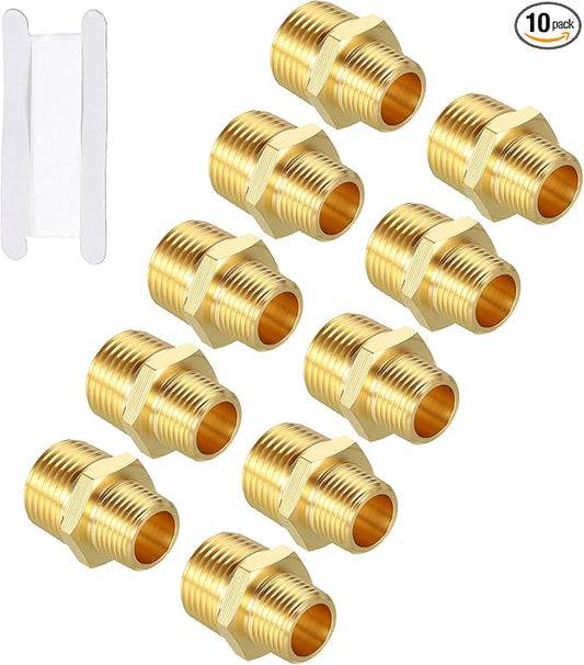 Packs of 10, 1/2" MNPT to 3/8" MNPT Solid Brass Hex Nipple Hose Connectors W/Sealing Tape, Male Pipe Adapters for Pipe Leak Repair, Bathroom Remodeling, Tool Extension, Compression