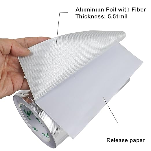 BOMEI PACK Adhesive Aluminum Foil Heat Shield Tape 1Pack 8inch x 66ft, Barrier Fiberglass Thermal Insulation Reflective Material High Temp Protectionn