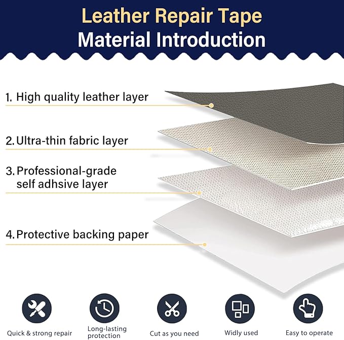 Zenyao Leather Repair Patch Tape - Self Adhesive Leather Repair Kit for Car Seat Furniture, Heavy Duty Vinyl Repair Patch for Couch Sofa, Waterproof Fix for Tears, 8x11 Inch, 2 Pieces, Light Grey