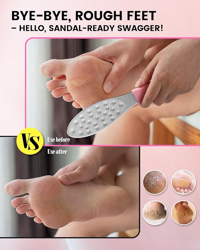 BEZOX Slim Metal Foot File Callus Remover(1 PCS) – Double-Sided Foot Scrubber for Cracked Heels & Dead Skin, Portable Pedicure Tool with Non-Slip Handle, Travel-Friendly Foot Care Essential - Pink