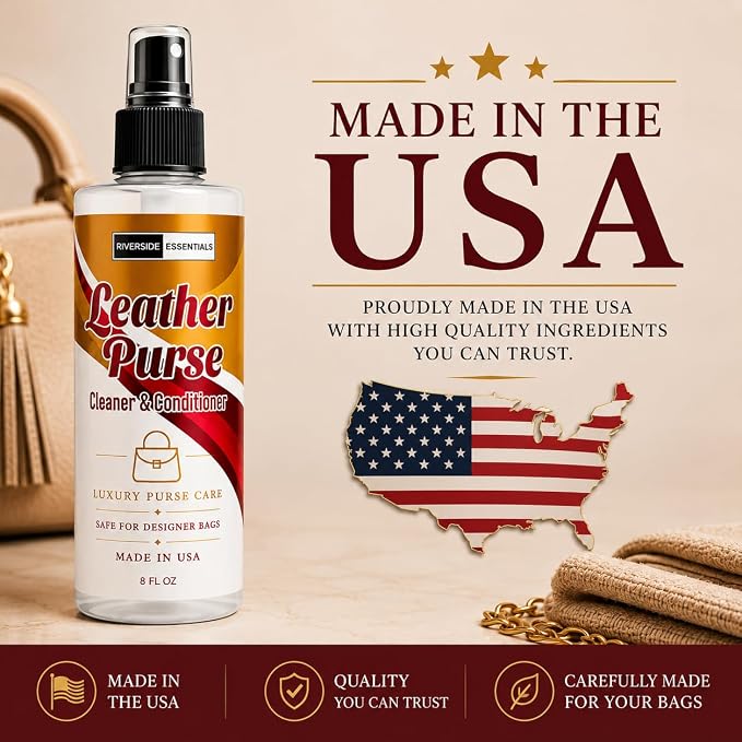 Leather Purse Cleaner & Conditioner (8oz) – High End 3-in-1 Spray for Purses, Designer Bags & Luxury Handbags – Cleans, Conditions, Deodorizes & Restores Finished Leather - Made in USA