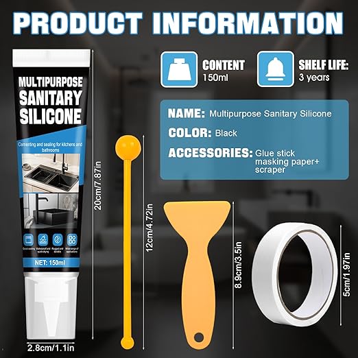 Black Silicone Sealant Waterproof, RTV Silicone Caulk for Outdoor and Indoor, High Temp Silicone Adhesive for RV, Window, Bathroom, Shower, Tub Caulking, Big Stretch Black Caulk,150ml