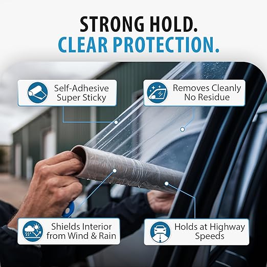 Big Tape Crash Wrap for Car Windows – 12ft XL Temporary Broken Glass Cover Film, 17.5” Wide Waterproof Automotive Plastic Wrap – Highway Safe Emergency Car Window Repair Tape, No Residue
