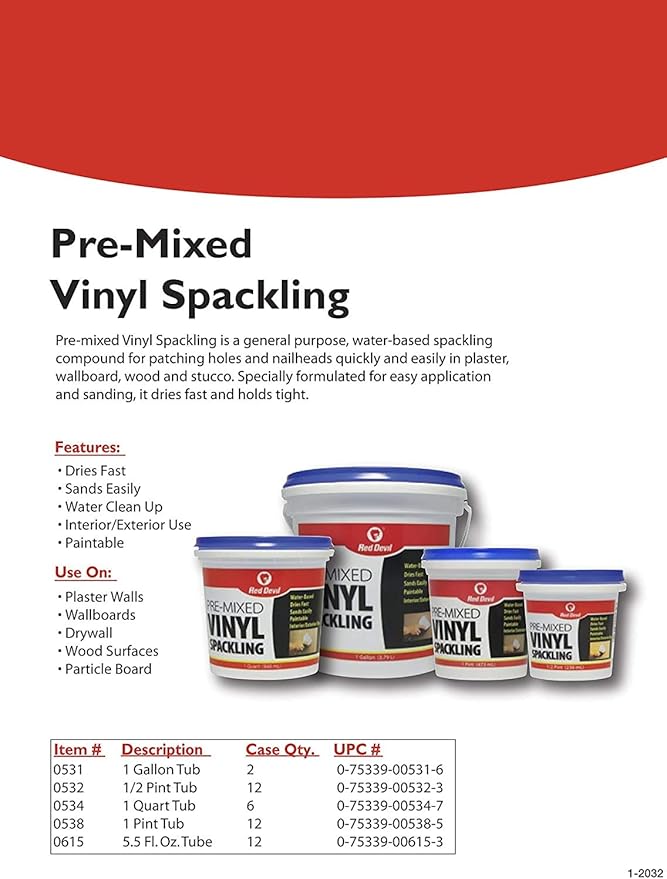 Red Devil 0534 Pre-Mixed Vinyl Spackling, 1 Quart