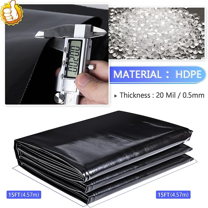 ToLanbbt Pond Liner 15 FT x 15 FT HDPE Pond Liners, 20 Mil UV Resistant Preformed Pond Liner Easy Cutting, Pond Liner for Natural Looking Ponds, Waterfall, Koi Pondsand Water Garden (Black)