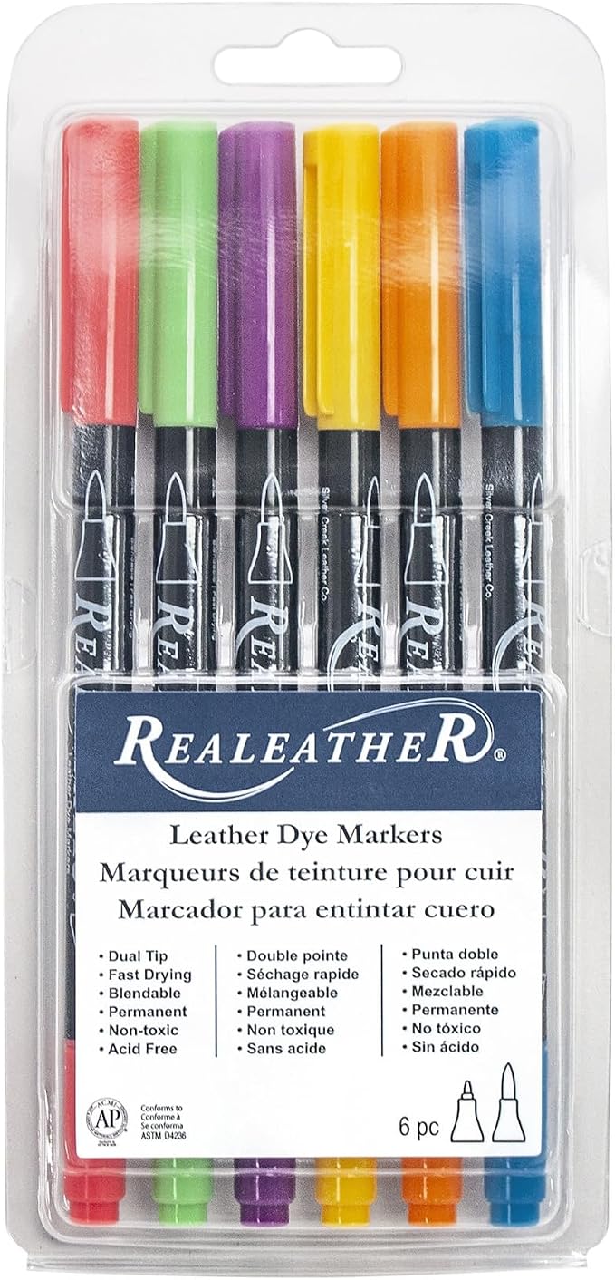 Realeather F2400-05 Leather Dye Pens, Double Sided with Fine and Brush Tips, Bright Colors, 6-Pack