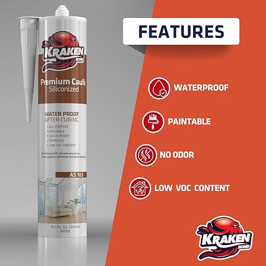 Kraken Bond Premium All Purpose Acrylic Latex Caulk - (2x10.1 fl. oz.) White Paintable Interior and Exterior Window Caulk, Baseboard, Trim, Kitchen and Bathroom - Waterproof, Odorless - 2 Pack