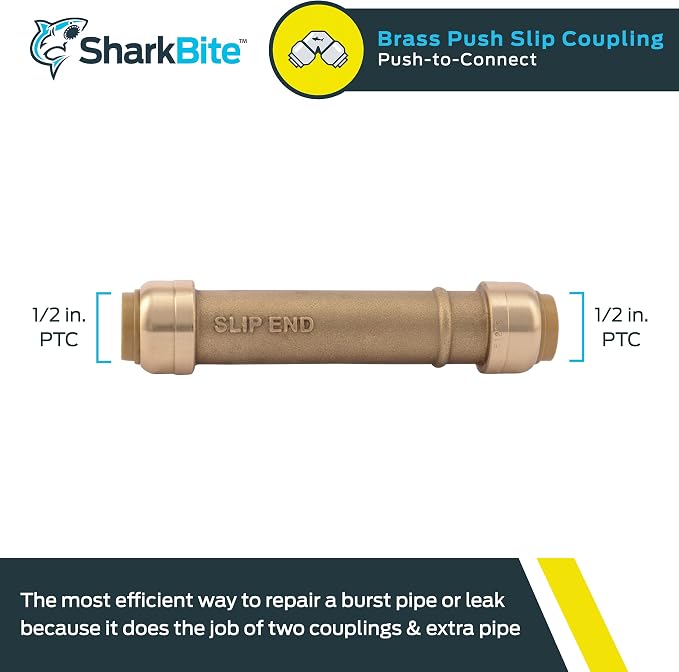 SharkBite 1/2 Inch Slip Coupling, Push to Connect Brass Plumbing Fitting, PEX Pipe, Copper, CPVC, PE-RT, HDPE, U3008LFA