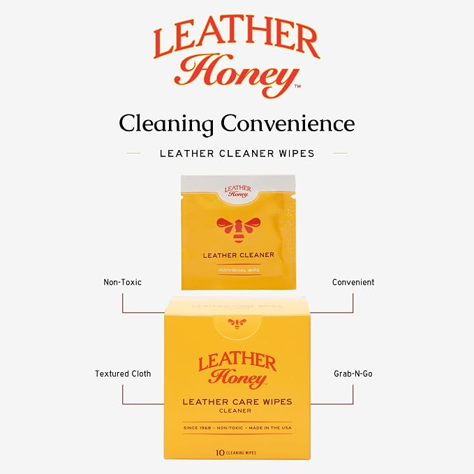 Leather Honey Cleaner Wipes: Clean Leather On-The-Go. 10 Cleaning Wipes for Leather, Faux & Vinyl: Any Color of Couches, Car Seats, Purses, Shoes & Bags. Made in the USA, Non-toxic & Ready-to-Use