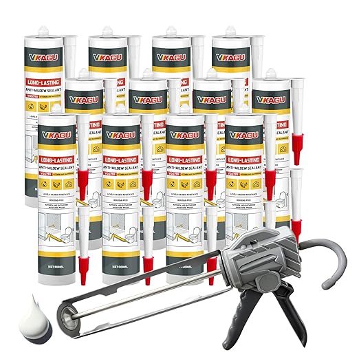 VGS 798 Professional Silicone Sealant Caulk 10.15 Oz Cartridge, 12 Pack - for Kitchen & Bathroom, White, 100% Waterproof Silicone Sealant,Shrink & Crack Proof