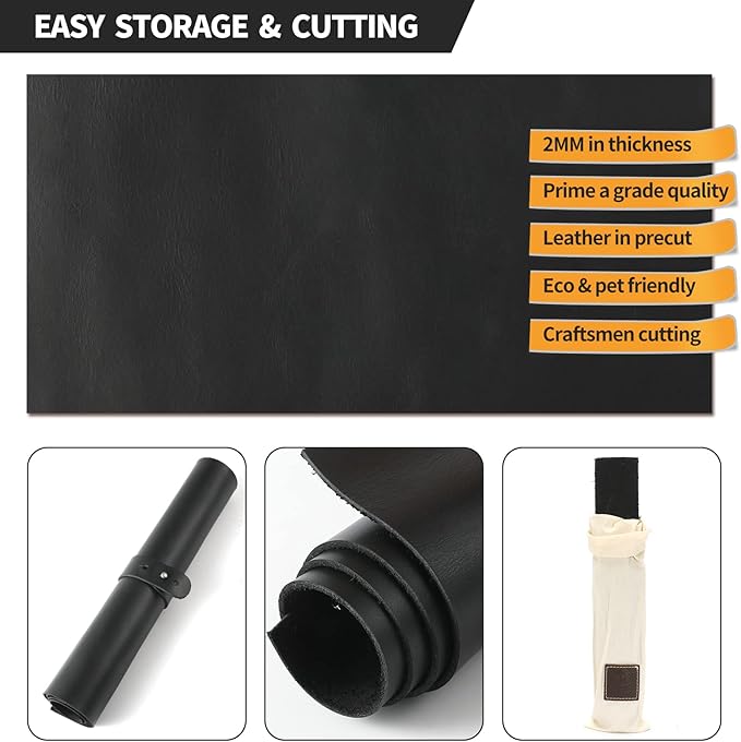 RingSun Genuine Leather Sheets for Leather Craft (2mm), Full Grain Leather for Tooling Craft Sewing(12''X24'', Black)