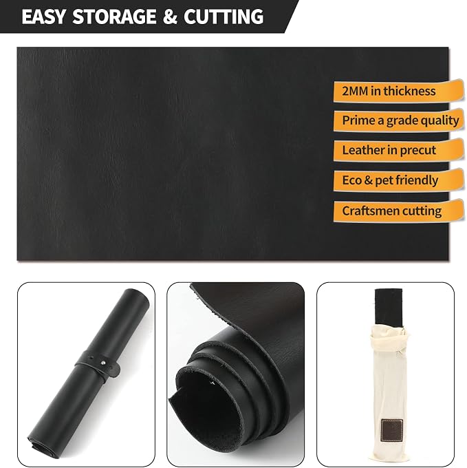 RingSun Genuine Leather Sheets for Leather Craft (2mm), Full Grain Leather for Tooling Craft Sewing(12''X12'', Black)