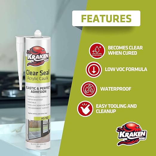 Kraken Bond Clear Seal Latex Caulk – (2x10.5 fl.oz.) Extrudes White - Dries Clear, Low VOC, Paintable, Kitchen & Bath, Interior/Exterior Window Caulking Sealant, for Wood, Brick, Concrete - 2 Pack