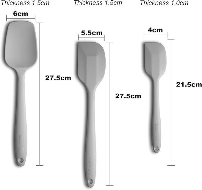 Silicone Spatula 3‑Piece Set Heat Resistant 600°F Non‑Stick Rubber Spatulas with Stainless Steel Core ALLWIN HOUSEWARE Large Spatula, Spoonula & Mini Spatula for Cooking & Baking, Light Grey