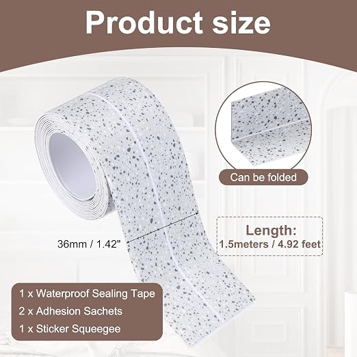 uxcell Caulk Tape Waterproof, 1.42 Inch x 4.92 ft Self-Adhesive Sealant Sealing Strip Caulking Sealant Tape PVC with Tool for Kitchen Sink Toilet Bathroom Bathtub Floor, Ink White
