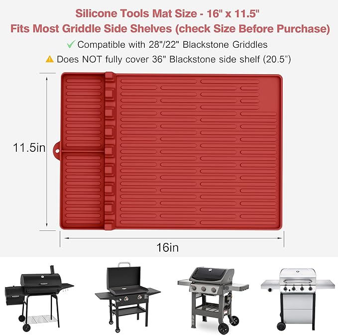 Silicone Grill Mat Compatible with Blackstone, BBQ Griddle Tools Mat with Drip Pad, Large Spatula Holder for Outdoor Kitchen Counter, Gifts for Men (red)