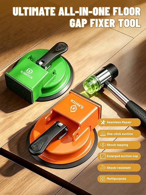 Laminate Floor Gap Fixer Tool Repair Kit, LVP Flooring Suction Cup Tool for Gaps, Heavy Duty Joint Puller Tools with 5 Reusable Sticky Pads & Rubber Mallet, Professional Hardwood Plank Closer (Green)