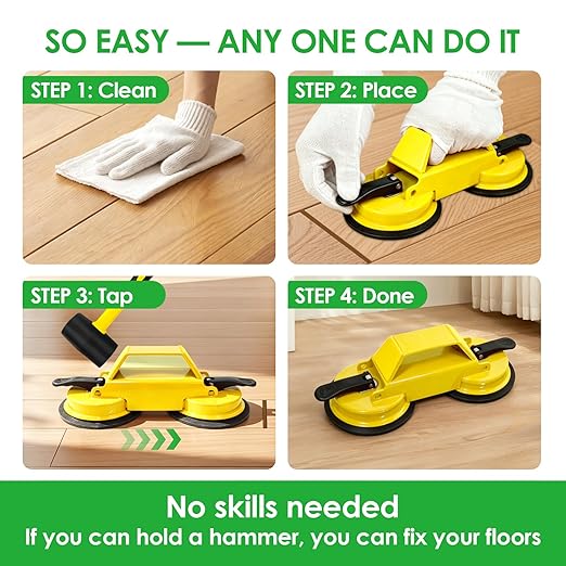 Floor Gap Fixer Tool for Laminate Floor Gap Repair, Heavy Duty Dual Suction Cups with 45° Striking Surface, Includes Rubber Mallet, Sticky Pads & Gloves for Vinyl Plank, LVP & Hardwood