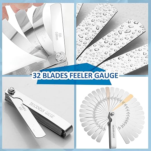Feeler Gauge Set Stainless Steel Thickness Gauge 32 Blades 0.04-0.88 mm (0.0015-0.035 Inch) Dual Marked Metric and Imperial Measuring Tools for Measuring Gap Widths and Thicknesses