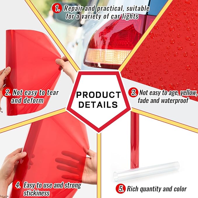 Patelai 2 Rolls 3.94 ft X 11.81 Inches Self Adhesive Repair Light Tape Auto Tail Light Tape Fog Lights Tint Tape Headlight Lens Tape (Red, Clear)