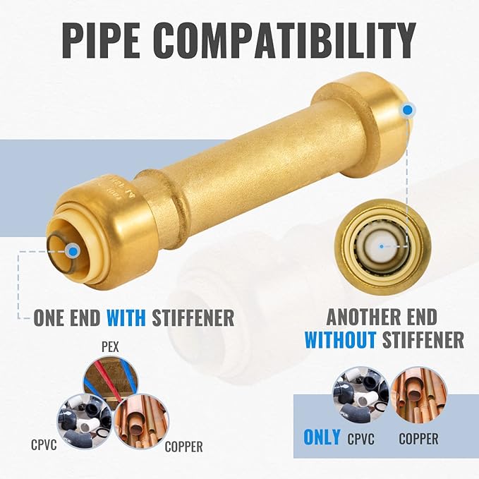 SUNGATOR 1/2 Inch Slip Coupling, Fatest Way for Emergency Repair and Leaks Fix, No Lead Brass Push-to-Connect Plumbing Fittings for PEX Pipe, Copper, CPVC, PE-RT, With 1 Disconnect Clip, Pack of 6