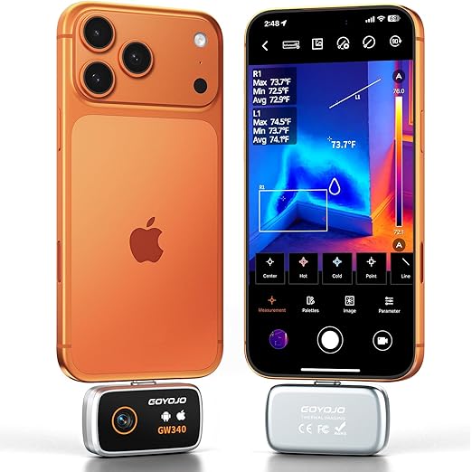 GW340 Thermal Camera for iPhone/Android/Tablet, 512x384 Super IR Resolution, Thermal Imager iOS 17/16/15 Series & iPads USB-C Port, 256x192 IR Resolution Home Inspection, HVAC, Automotive -4°F~752°F