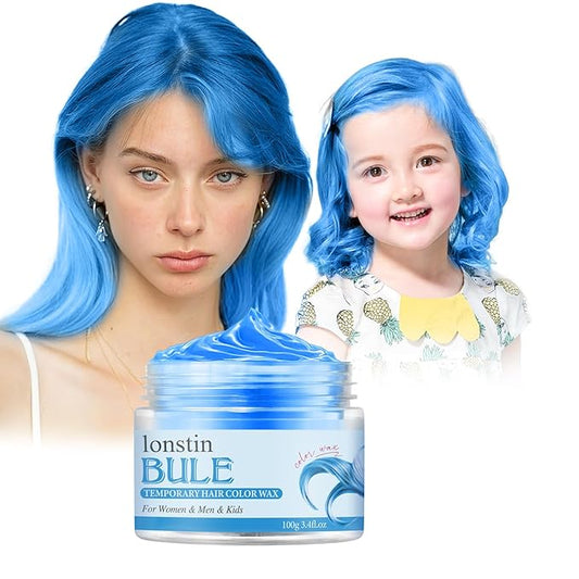 Temporary Hair Color for Kids, lonstin Blue Hair Dye Gel Mud Cream Washable Hair Wax Color Paint Wax Dark Hair Makeup for Women Men Halloween Party