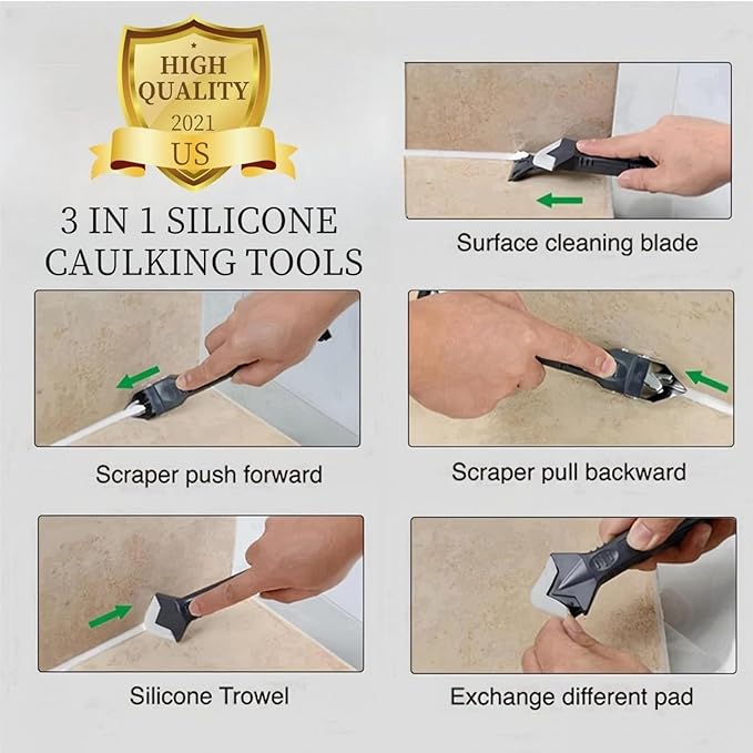 Silicone Caulking Tool 3 in 1, Glass Glue Angle Scraper, Stainless Steelhead Caulk Remover and Sealant Scraper, for Kitchen Bathroom Window and Frames Sealant Seals