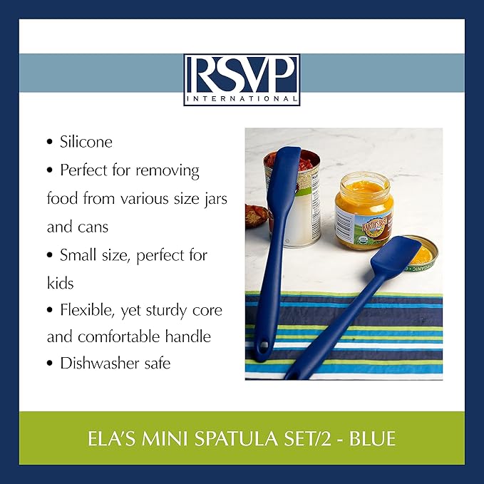 RSVP International Ela's Favorite Silicone Spatula, Blue, 8" | BPA-Free Silicone | Scrape Batters, Flip Eggs, Ice Cakes, & More | Dishwasher Safe & Heat Resistant | Cooking, Baking & More