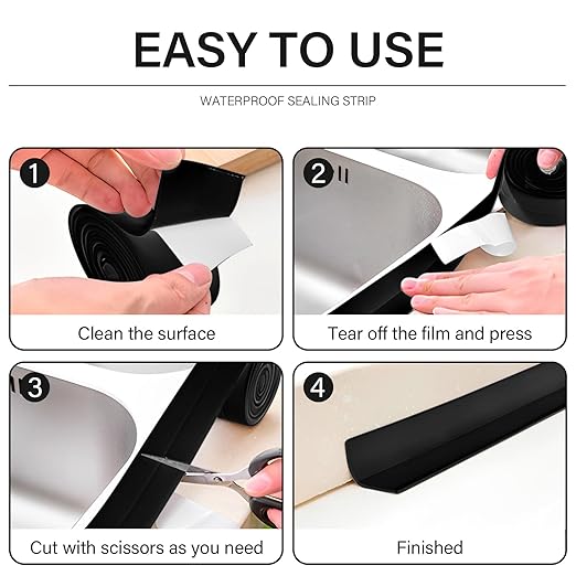 3 Rolls 10.5 Feet Caulk Tape Toilet Caulking Strip Self Adhesive Bathroom Sealing Peel and Stick Caulk Strip for Bathtub, 1.5 Inches (Black)