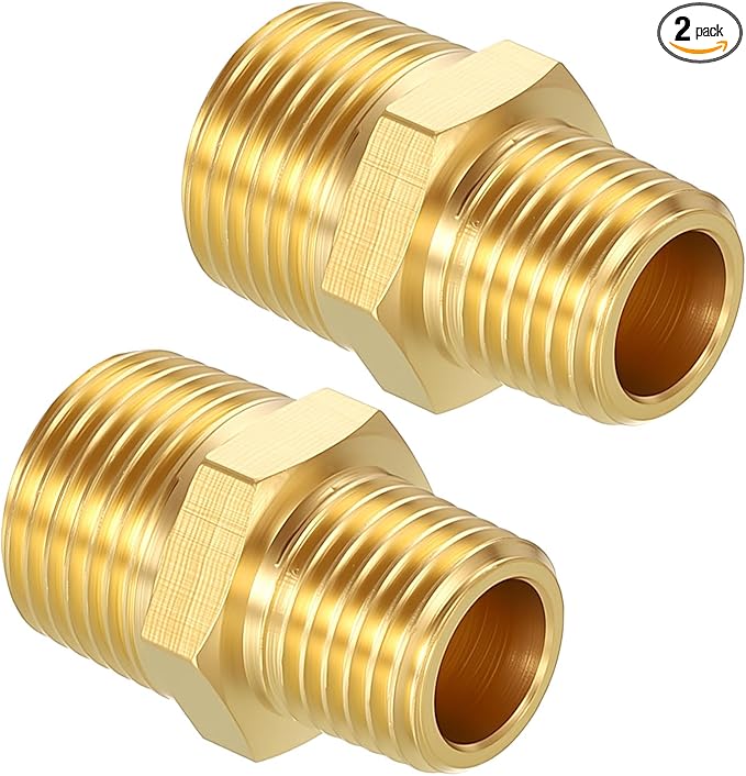 Pack of 2, 3/8" NPT Male to 1/4" NPT Male Solid Brass Hex Nipple Hose Connectors, Male Pipe Adapter for Pipe Leak Repair, Bathroom Remodeling, Tool Extensions, Compression