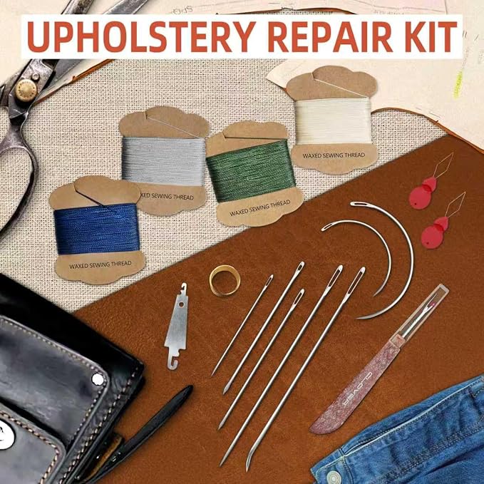 Upholstery Repair Kit: Extra Strong Waxed Sewing Thread 2 Rolls (Dark Blue) &Heavy Duty Household Hand Needles (7 PCS) for Leather, Canvas, Bookbinding & Quilting Thread