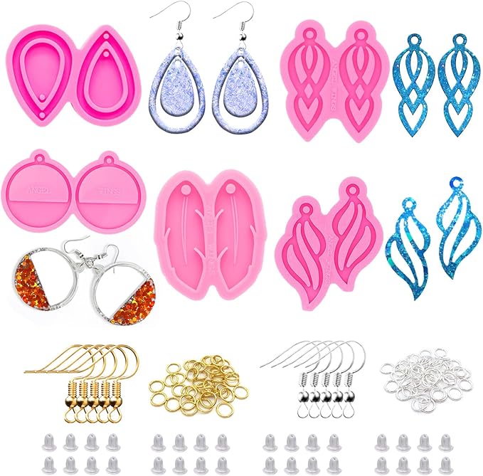 105Pcs Resin Molds Silicone Kit, 5pcs Earring Silicone Molds for Resin Jewelry Epoxy Casting Molds with Earring Hooks for DIY Unique Earrings Epoxy Resin Molds, Earring Jewellery Resin Craft