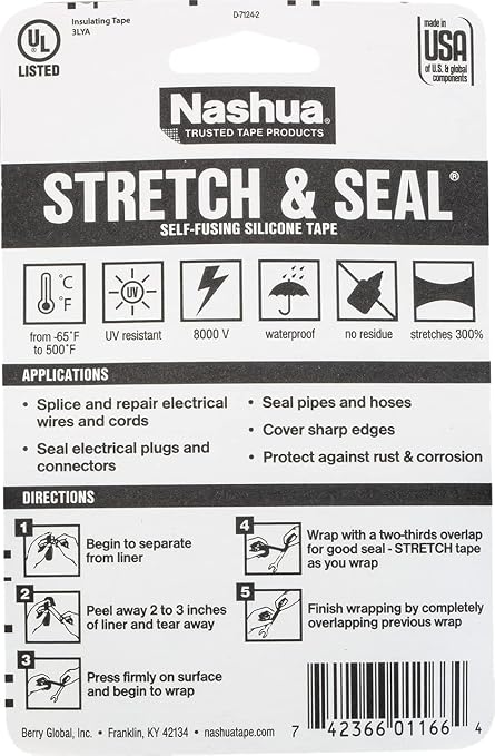 Nashua - 1 in. x 10 ft. Stretch & Seal Self-Fusing, Non-Adhesive Silicone Tape, Clear, 1 Roll (Pack of 6)