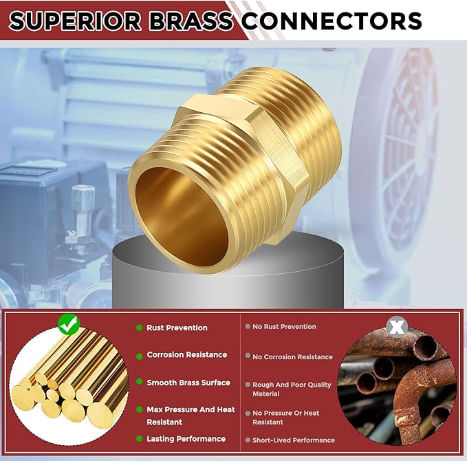 Pack of 2, 1" Male NPT to 1" Male NPT Solid Brass Hex Nipple Hose Connectors, Male Pipe Adapter for Pipe Leak Repair, Bathroom Remodeling, Tool Extensions, Compression