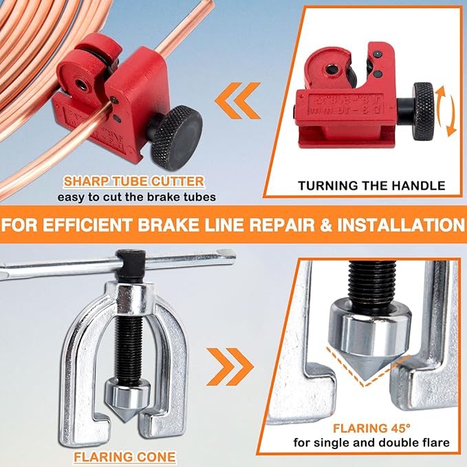 3/16" Brake Line Repair Kit - Double & Single Brake Line Flaring Tool Kit 1/4" 5/16" (with Tube Cutter & 5 Adapters) + 25Ft Copper Coated Brake Line (with 4 Unions & 16 Fittings) + Brake Line Bender