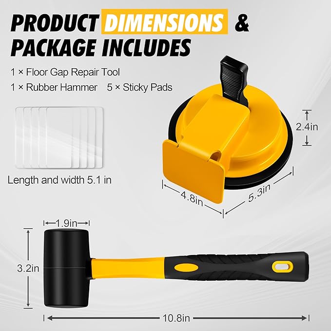 Floor Gap Fixer Tool with Rubber Mallet, Iron Body & Strong Suction Cup, Includes 5 Sticky Pads for Laminate, Vinyl, Wood & Tile Flooring Installation and Repair